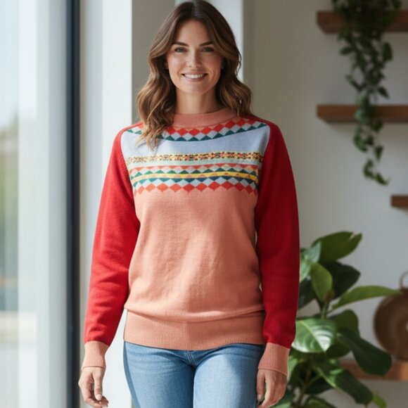 OXKnit Sweaters - OXKnit Jacquard Fair Isle Yoke Sweater Vintage style Pink Red 100% Cotton Sz M
